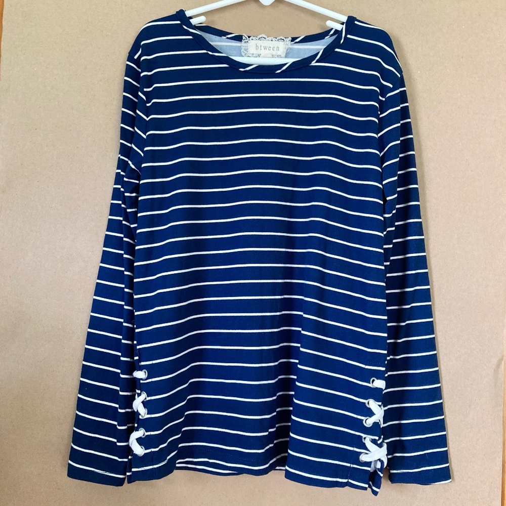 Girls size 8 Btween navy blue and white striped long sleeved top with